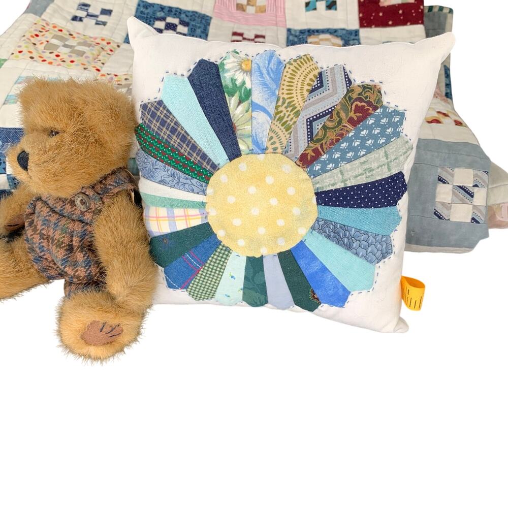 Handmade Pillow Quilted Small 8" Accent Blue Green Yellow Dresden Plate Pieced